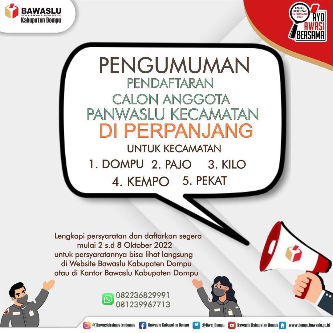 Pengumuman Perpanjangan Pendaftaran Calon Anggota Panwaslu Kecamatan di  Lima Kecamatan