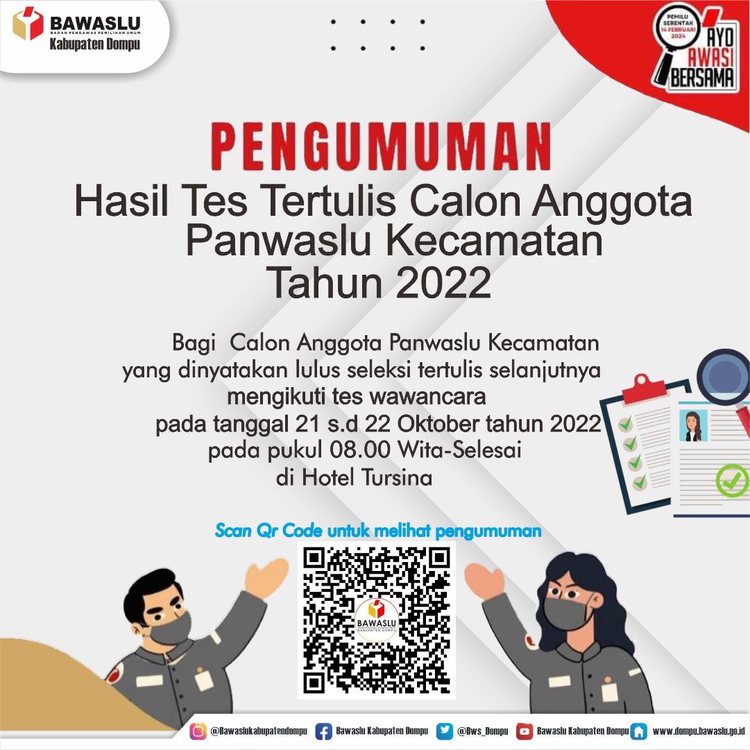 Pengumuman Hasil Tes Tertulis Calon Anggota Panwaslu Kecamatan Tahun 2022