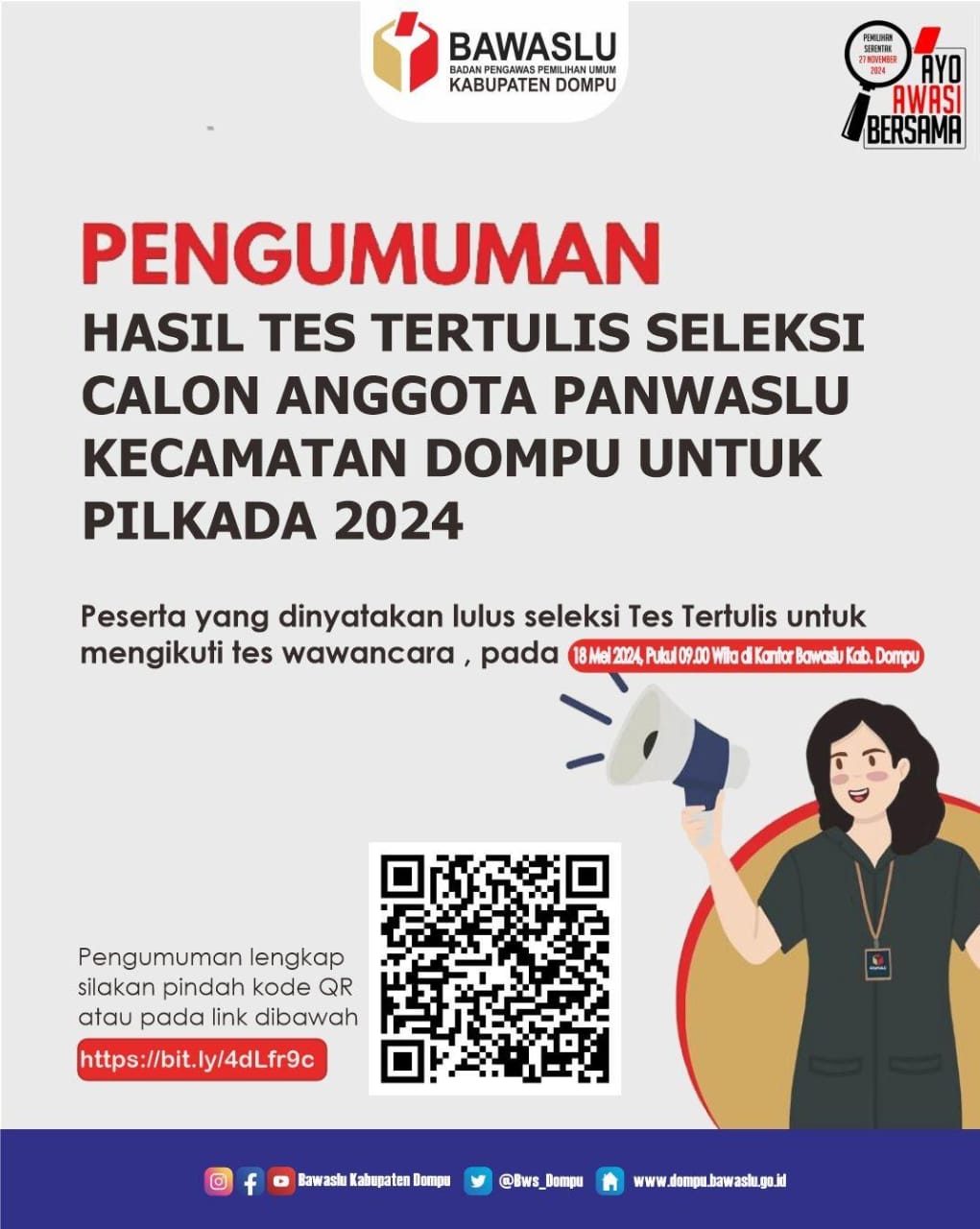 PENGUMUMAN HASIL TES TERTULIS SELEKSI CALON ANGGOTA PANWASLU KECAMATAN DOMPU UNTUK KABUPATEN DOMPU