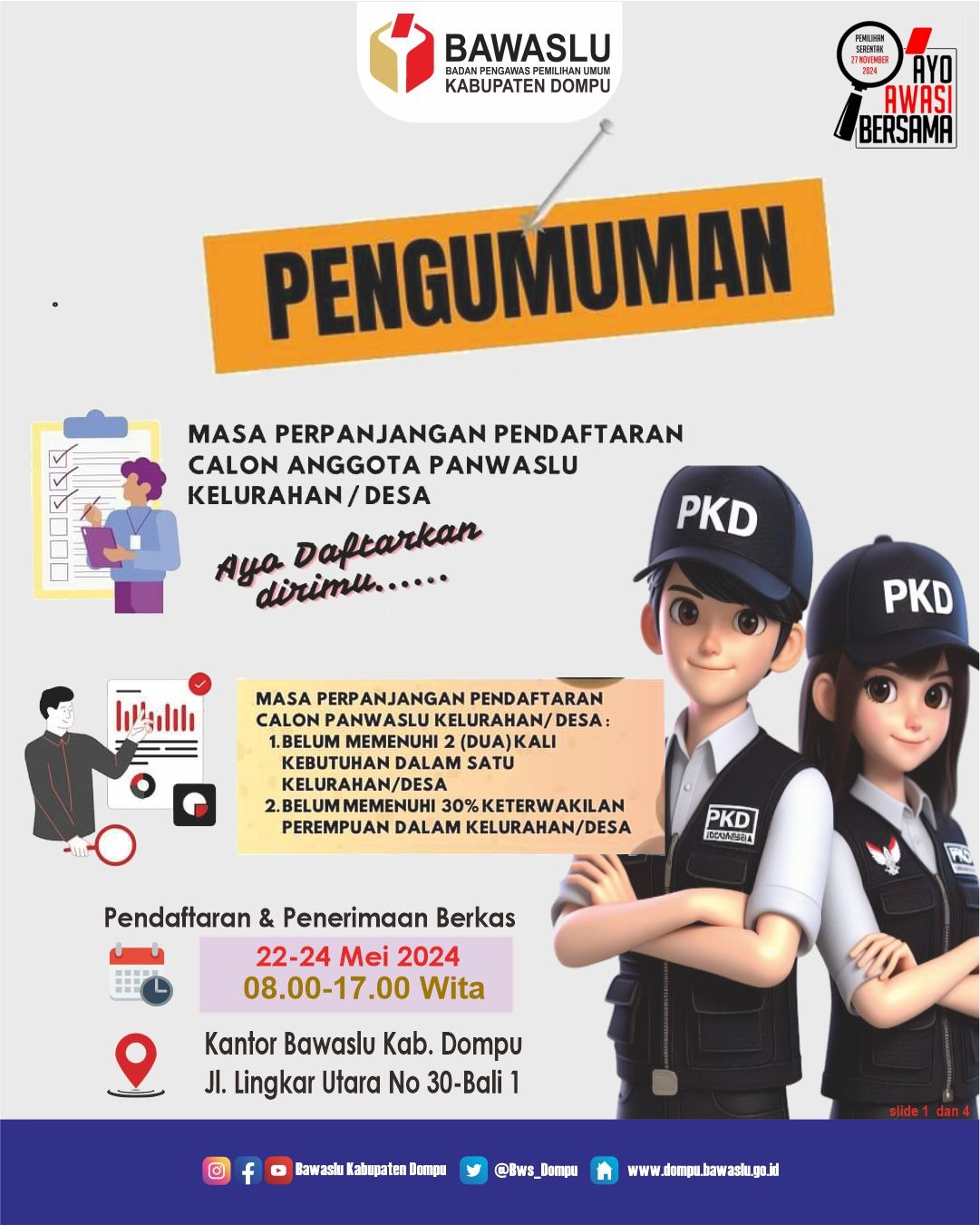 PENGUMUMAN PERPANJANGAN PENDAFTARAN CALON ANGGOTA PANWASLU KELURAHAN/DESA DALAM RANGKA PEMILIHAN SERENTAK TAHUN 2024